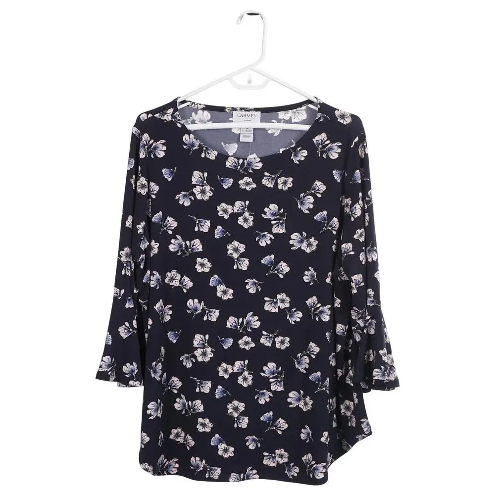 NWT CARMEN MARC VALVO Top 1X Navy Blue Floral Print Flounce 3/4 Sleeve Stretch